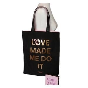 Victoria's Secret Tote Bag Canvas Black Pink & Gold Love Made Me Do It